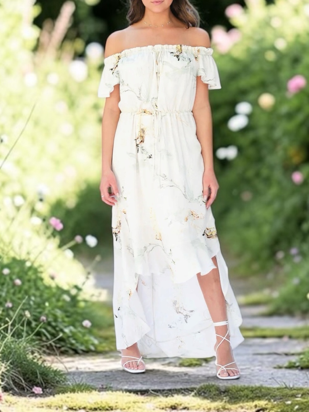 Tribe Kelley USA Off-Shoulder White Floral Maxi Dress Cottage-core Boho Sundress